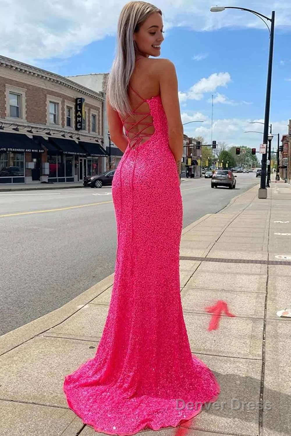 Sparkly Royal Blue Backless Sequins Long Prom Dresses with Slit