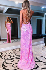 sparkly royal blue backless sequins long prom dress with slit