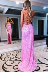 sparkly royal blue backless sequins long prom dress with slit
