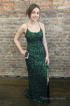 Sparkly Royal Blue Backless Sequins Long Prom Dresses with Slit