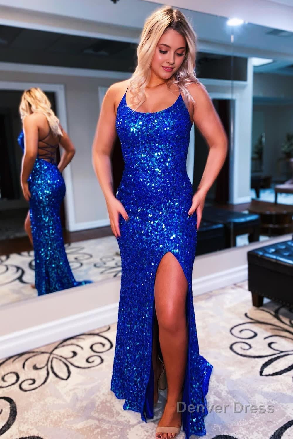 sparkly royal blue backless sequins long prom dress with slit