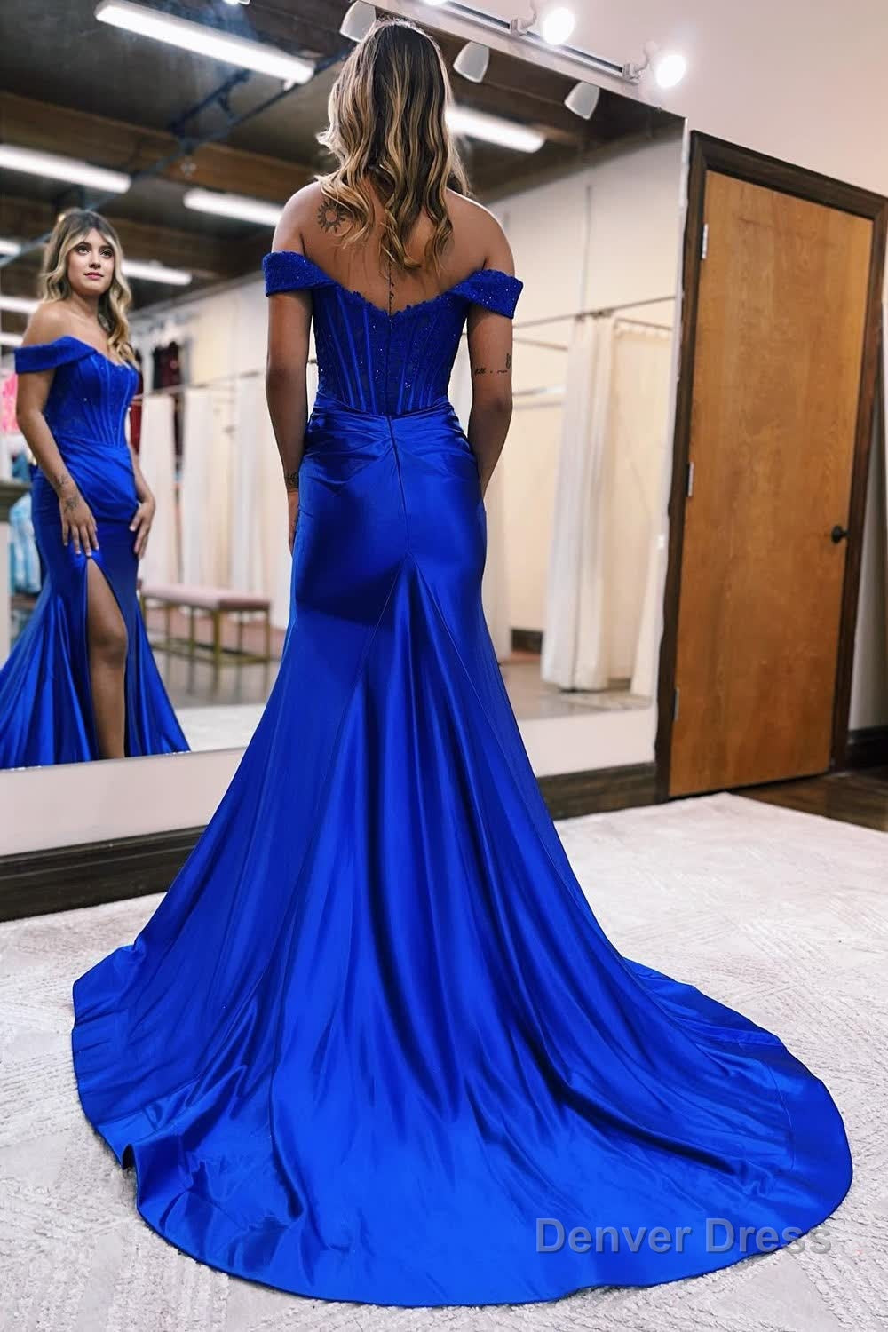 Sparkly Royal Blue Corset Detachable Neck Mermaid Long Prom Dresses with Slit