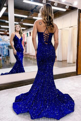 sparkly royal blue lace up back sequins mermaid long prom dress