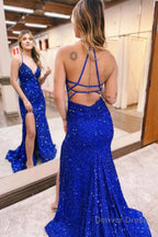 Sparkly Royal Blue Lace Up Back Sequins Mermaid Long Prom Dresses with Slit