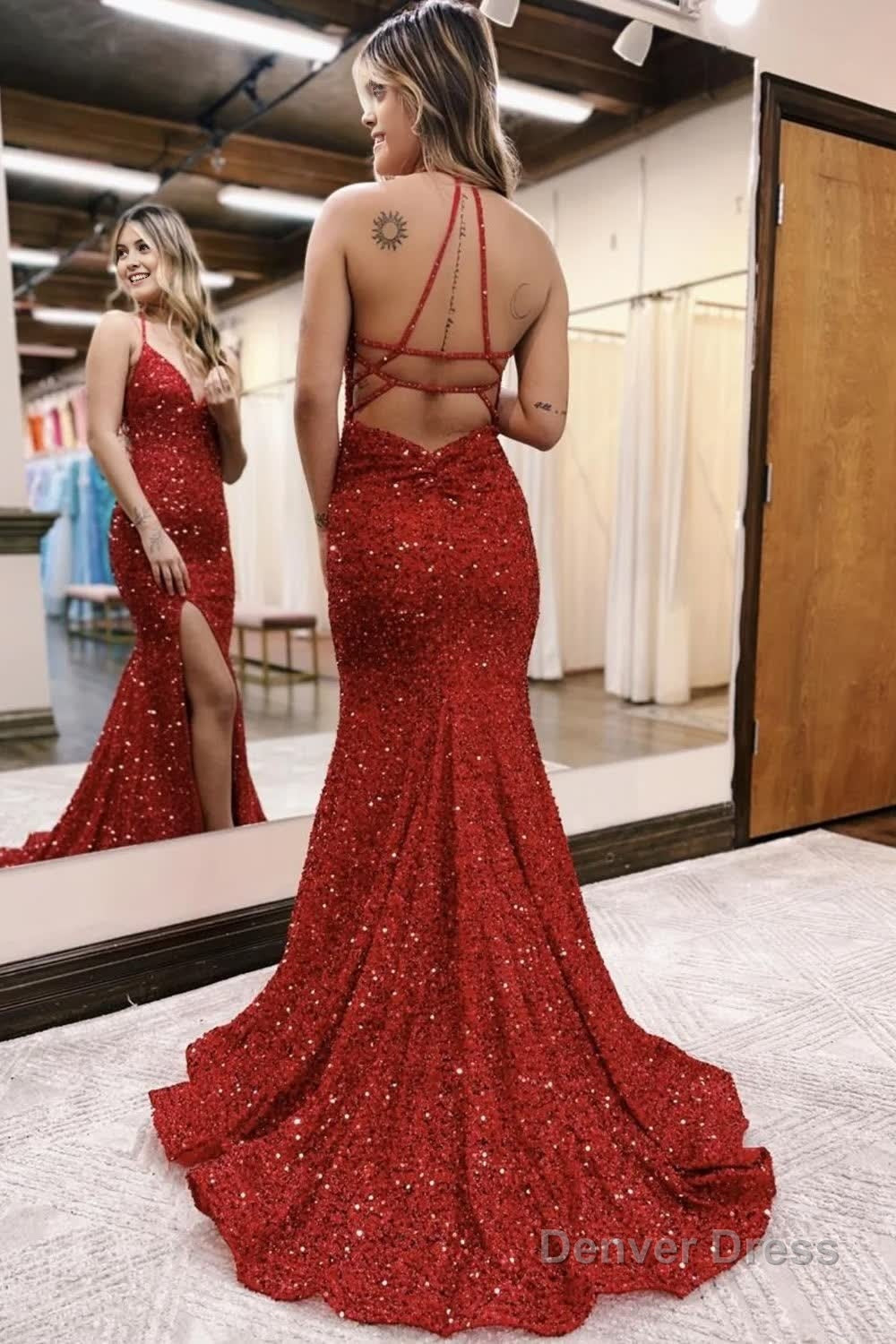 Sparkly Royal Blue Lace Up Back Sequins Mermaid Long Prom Dresses with Slit