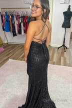 Sparkly Royal Blue Mermaid Sequins Long Prom Dresses with Slit