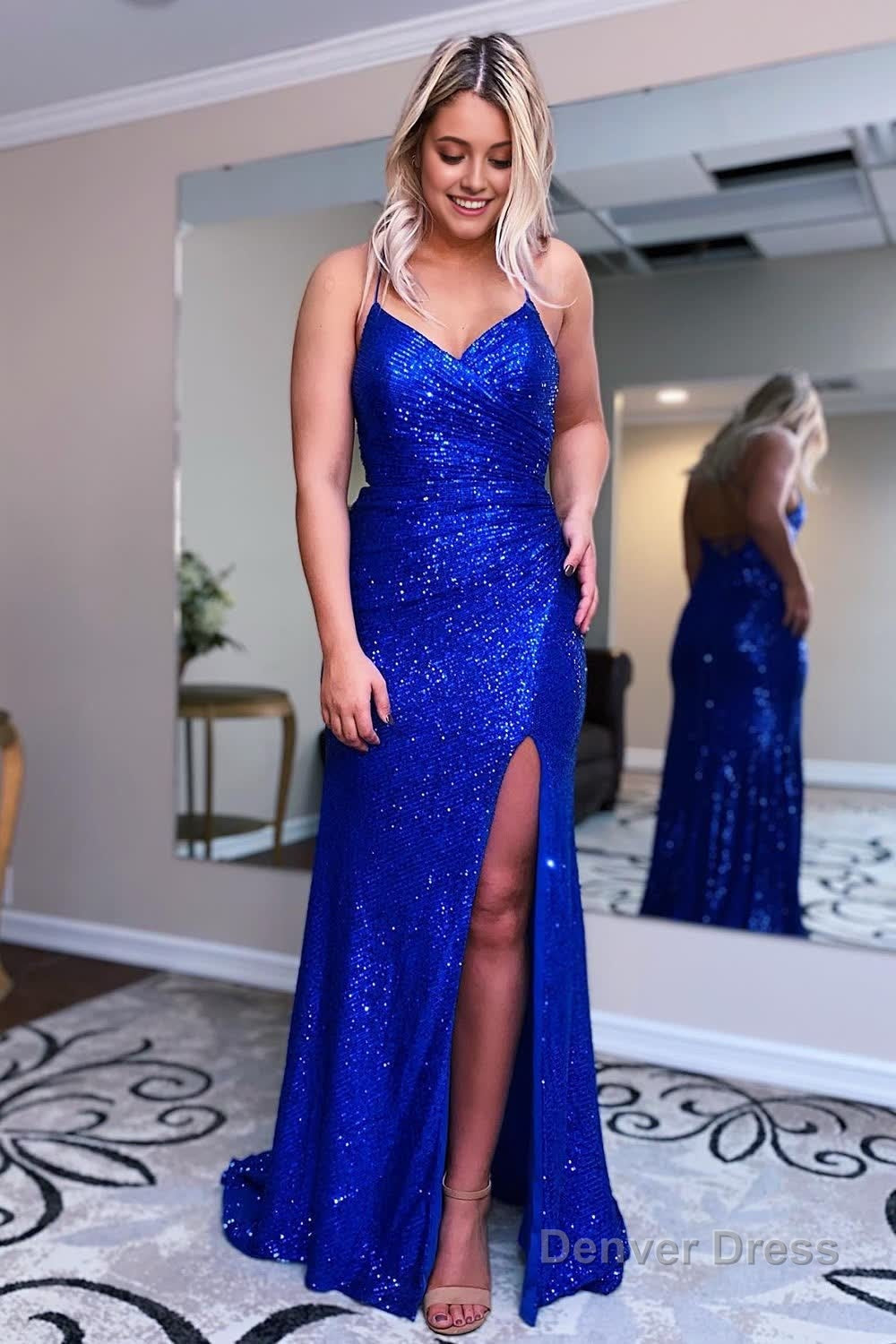 Sparkly Royal Blue Mermaid Sequins Long Prom Dresses with Slit Main image