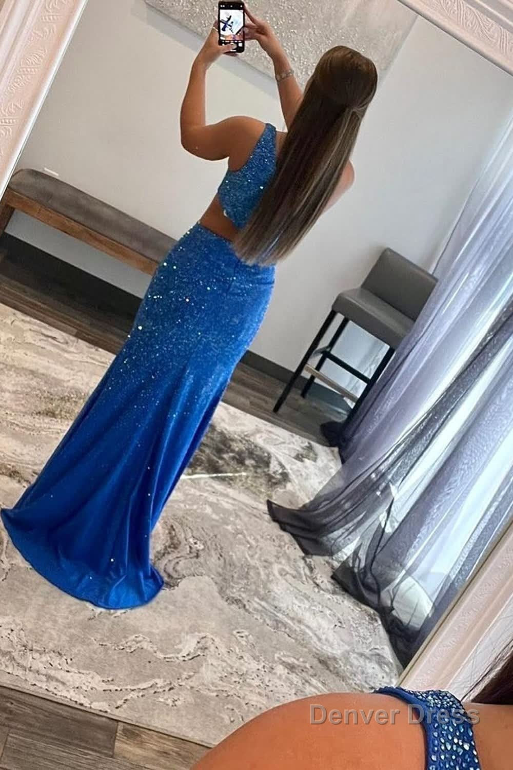 Sparkly Royal Blue One Shoulder Sheath Long Prom Dress with Slit