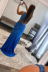 Sparkly Royal Blue One Shoulder Sheath Long Prom Dress with Slit