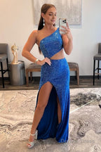 Sparkly Royal Blue One Shoulder Sheath Long Prom Dresses with Slit