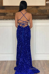 sparkly royal blue sequins mermaid long prom dress with slit