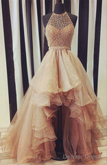Sparkly Sequin Beaded Halter Organza Layered Prom Dresses Front Short Long Back
