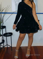 Sparkly Sequin Cocktail Dress Short A Line One Shoulder African Women Prom Long Sleeve Homecoming Dresses