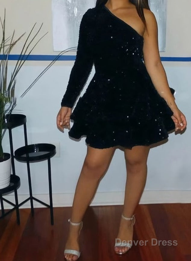 Sparkly Sequin Cocktail Dress Short A Line One Shoulder African Women Prom Long Sleeve Homecoming Dresses