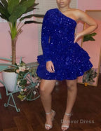 Sparkly Sequin Cocktail Dress Short A Line One Shoulder African Women Prom Long Sleeve Homecoming Dresses