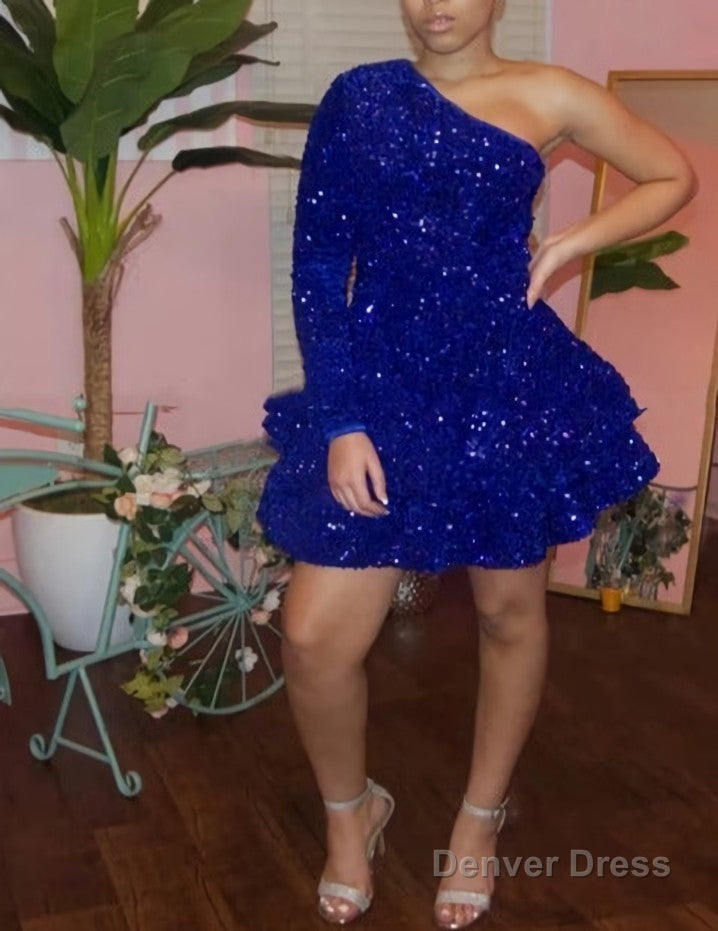 Sparkly Sequin Cocktail Dress Short A Line One Shoulder African Women Prom Long Sleeve Homecoming Dresses
