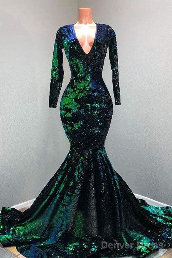 Sparkly Sequin Long Sleeve V-Neck Mermaid Prom Dresses Main image