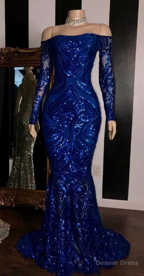 Sparkly Sequined Mermaid African Prom Dresses Royal Blue Long Sleeve Graduation Formal Dress Plus Size Evening Gowns Main image
