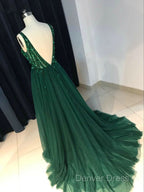 Sparkly Sequins Beaded V Neck Tulle Open Back Prom Dresses
