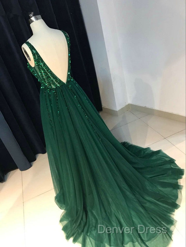 Sparkly Sequins Beaded V Neck Tulle Open Back Prom Dresses