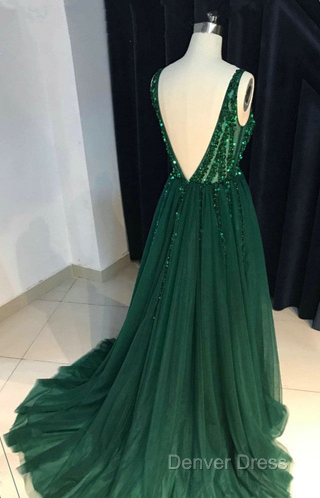 Sparkly Sequins Beaded V Neck Tulle Open Back Prom Dresses