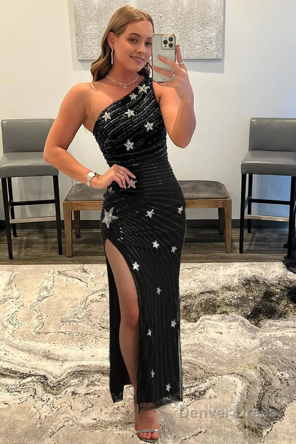 sparkly sequins black one shoulder long prom dress with stars