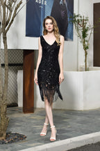 Sparkly Sequins Slim Prom Dress Black V Neck Sleeveless Prom Dresses