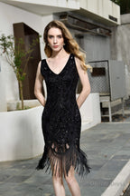 Sparkly Sequins Slim Prom Dress Black V Neck Sleeveless Prom Dresses