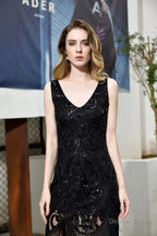 Sparkly Sequins Slim Prom Dress Black V Neck Sleeveless Prom Dresses