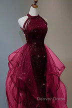 Sparkly Sheath Burgundy Sequin Long Prom Dresses Party Dresses