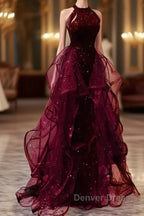 Sparkly Sheath Burgundy Sequin Long Prom Dresses Party Dresses