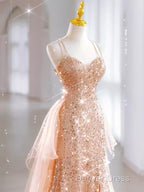 Sparkly Sheath Champagne Sequin Long Prom Dresses Party Dresses