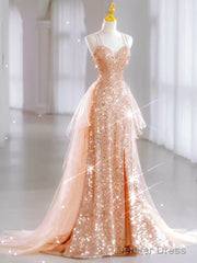 Sparkly Sheath Champagne Sequin Long Prom Dress Party Dresses