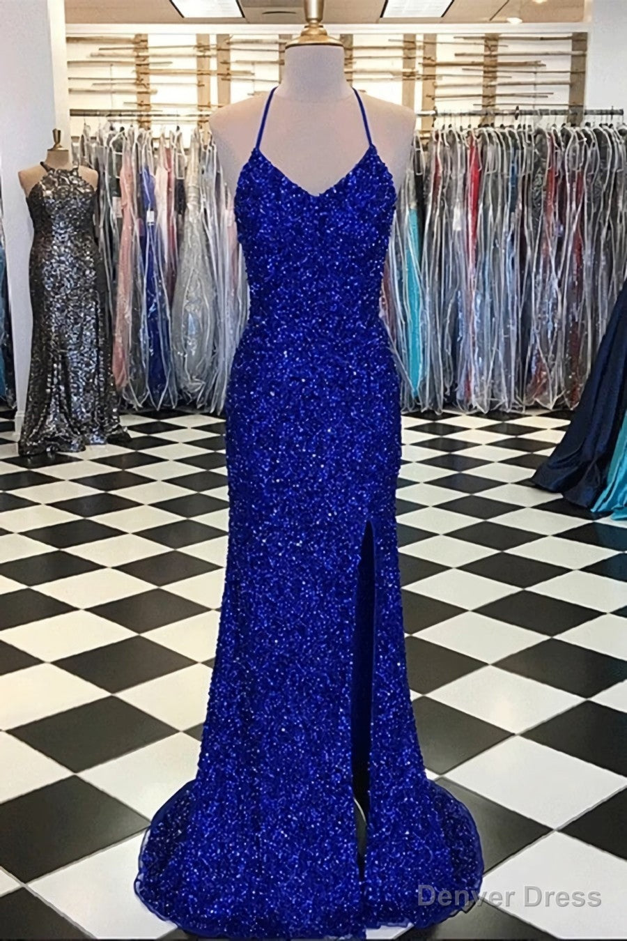 Sparkly Sheath Royal Blue Prom Dresses, Evening Dresses with Slit Secondary image