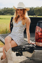 Sparkly Silver Backless V Neck Sequins Tight Homecoming Dresses