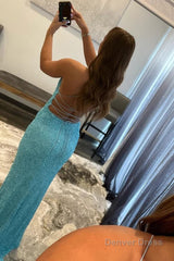 sparkly sky blue sequins lace up long prom dress with slit