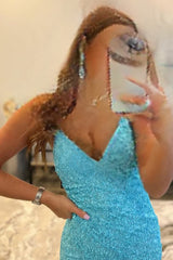 sparkly sky blue sequins lace up long prom dress with slit