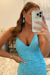 sparkly sky blue sequins lace up long prom dress with slit