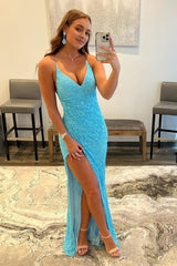 sparkly sky blue sequins lace up long prom dress with slit
