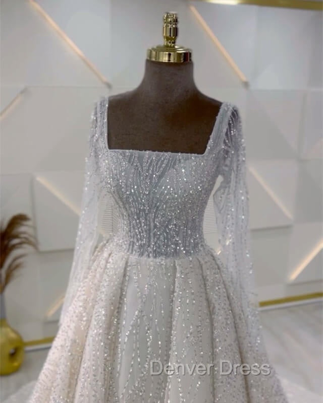 Sparkly Square Neck Long Sleeve Wedding Dresses