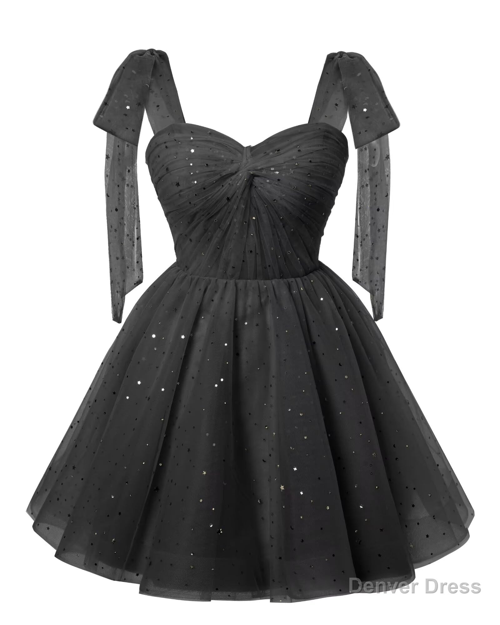 Sparkly Starry Black Tulle Short Homecoming Dresses Spaghetti Bow Straps Prom Dress Sequin Cocktail Party Dress for Teens Secondary image