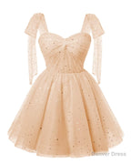 Sparkly Starry Blush Pink Tulle Short Homecoming Dress Spaghetti Bow Straps Prom Dress Sequin Cocktail Prom Dresses for Teens