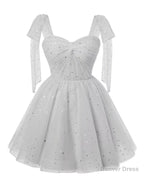 Sparkly Starry Silver Gray Tulle Short Homecoming Dresses Spaghetti Bow Straps Prom Dress Sequin Cocktail Party Dress for Teens