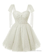 Sparkly Starry White Tulle Short Homecoming Dress Spaghetti Bow Straps Prom Dress Sequin Cocktail Prom Dresses for Teens