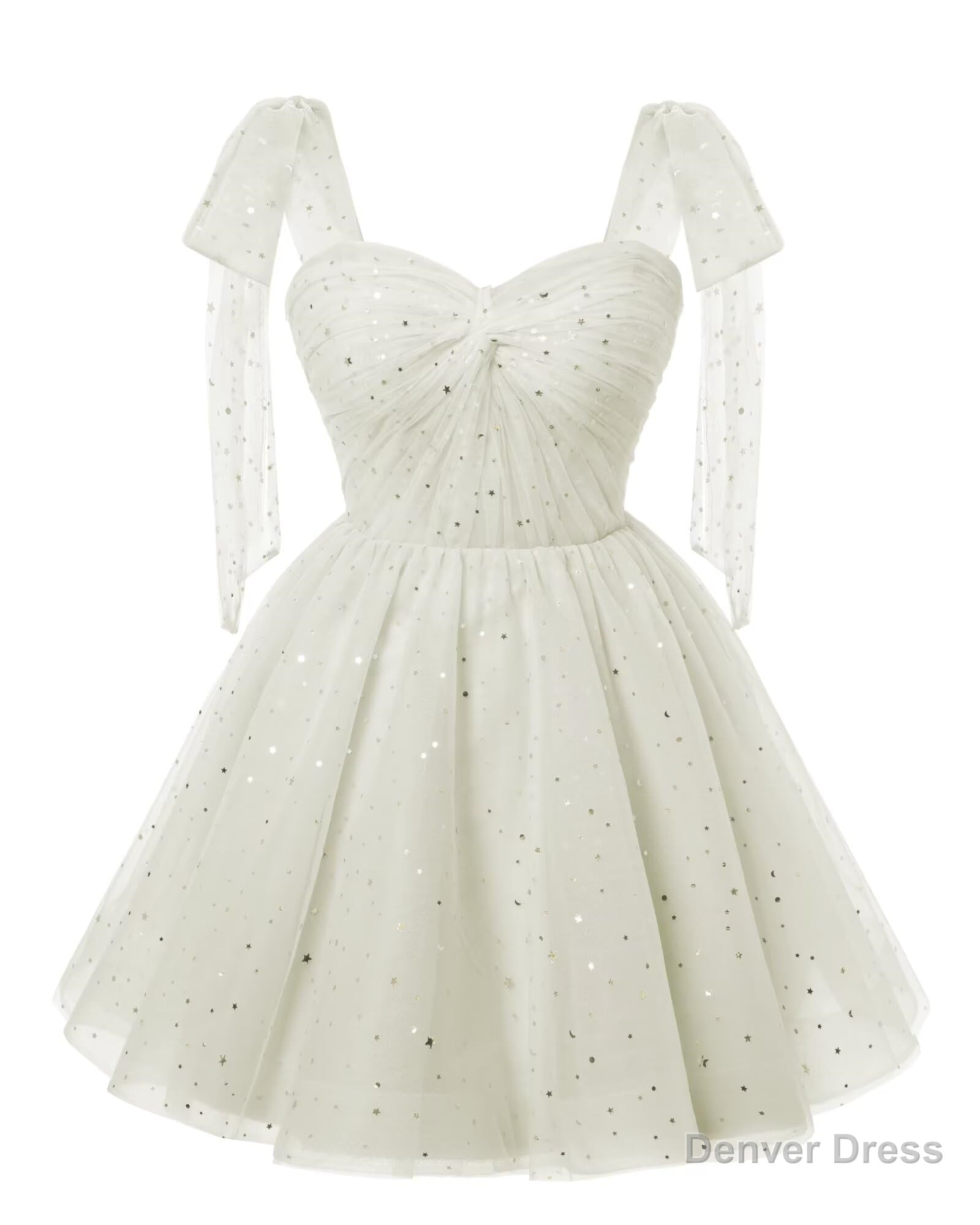 Sparkly Starry White Tulle Short Homecoming Dress Spaghetti Bow Straps Prom Dress Sequin Cocktail Prom Dresses for Teens