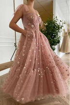 Sparkly Stars Tulle Blush Pink Prom Dresse Shiny Princess Prom Dresses With Straps