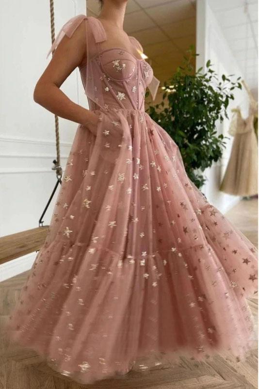 Sparkly Stars Tulle Blush Pink Prom Dresse Shiny Princess Prom Dresses With Straps