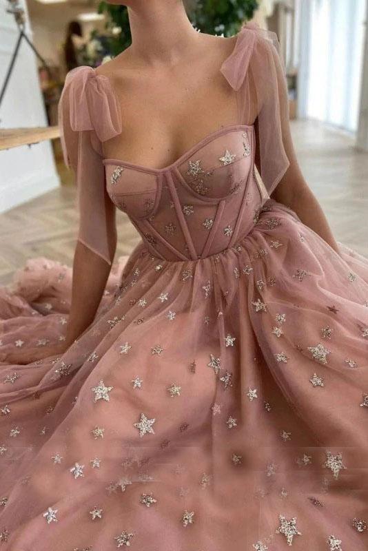 Sparkly Stars Tulle Blush Pink Prom Dresse Shiny Princess Prom Dresses With Straps