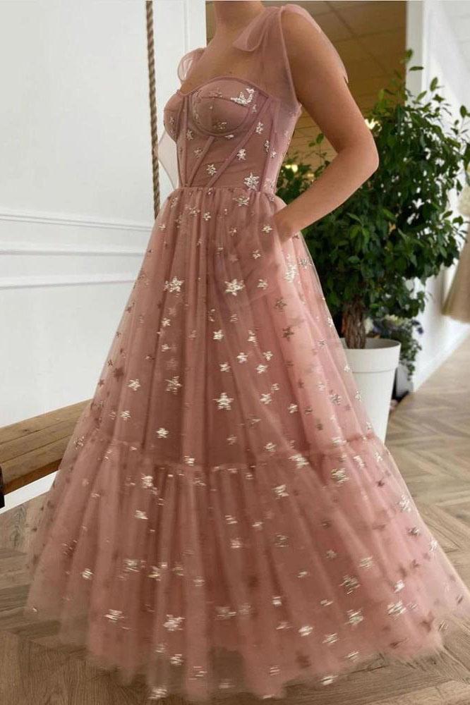 Sparkly Stars Tulle Blush Pink Prom Dresse Shiny Princess Prom Dresses With Straps Main image