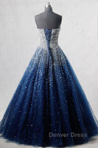 Sparkly Strapless Blue Prom Dress, Strapless Blue Long Prom Dresses